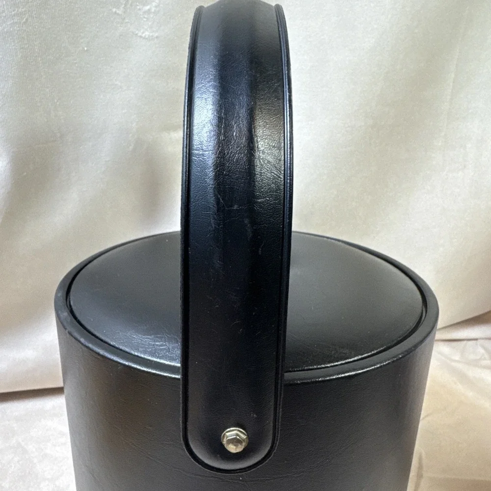 Vintage Black Faux Leather Ice Bucket with Lid‎ and Handle Mid Century Barware